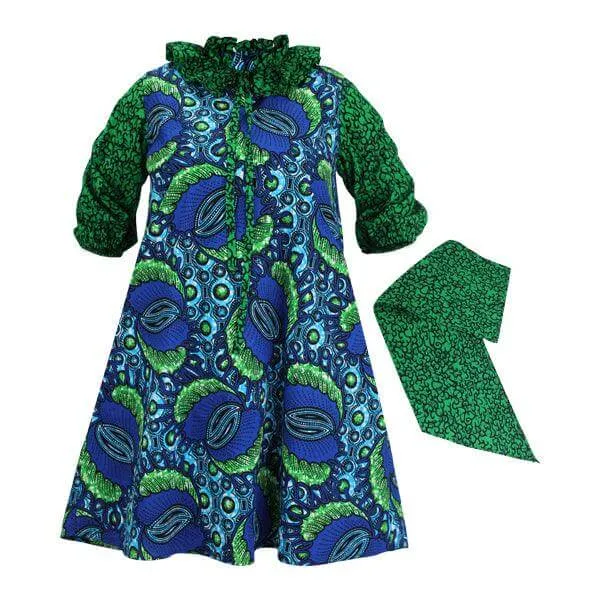 MOM'S GREEN AND BLUE ANKARA DRESS WITH SCARF