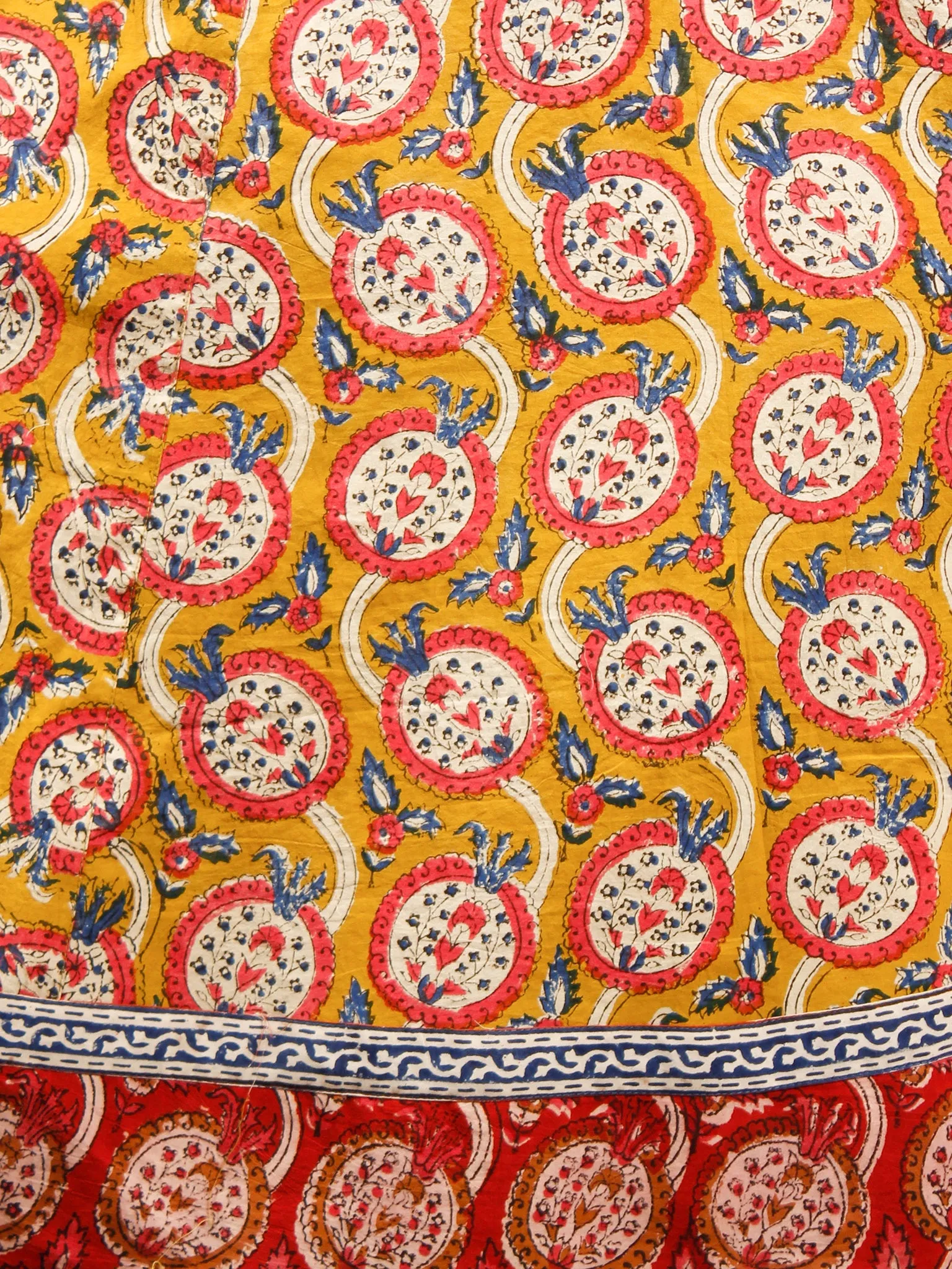 Mustard Coral Indigo Ivory Hand Block Printed Cotton Midi Dress - D243F1375