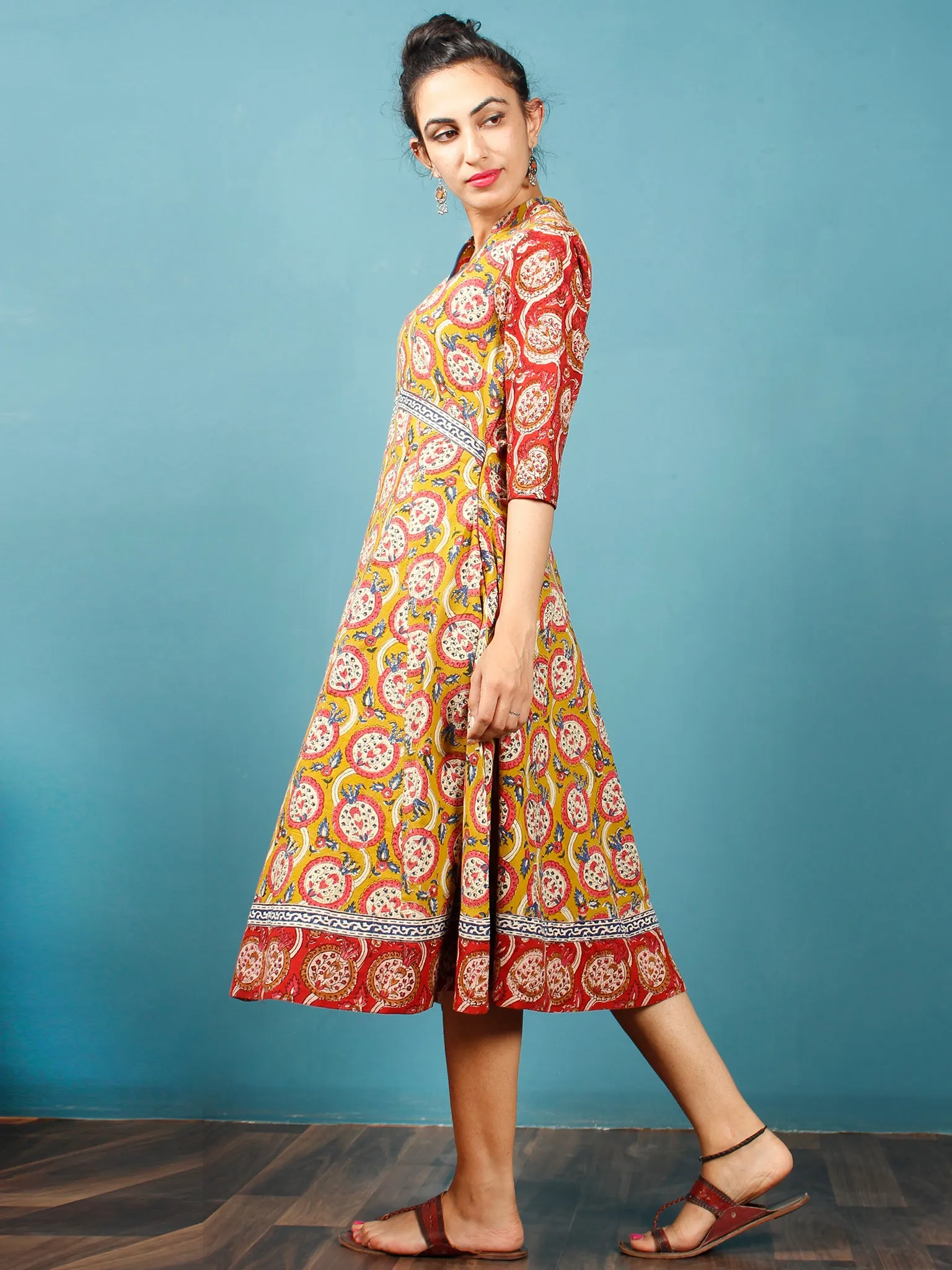 Mustard Coral Indigo Ivory Hand Block Printed Cotton Midi Dress - D243F1375