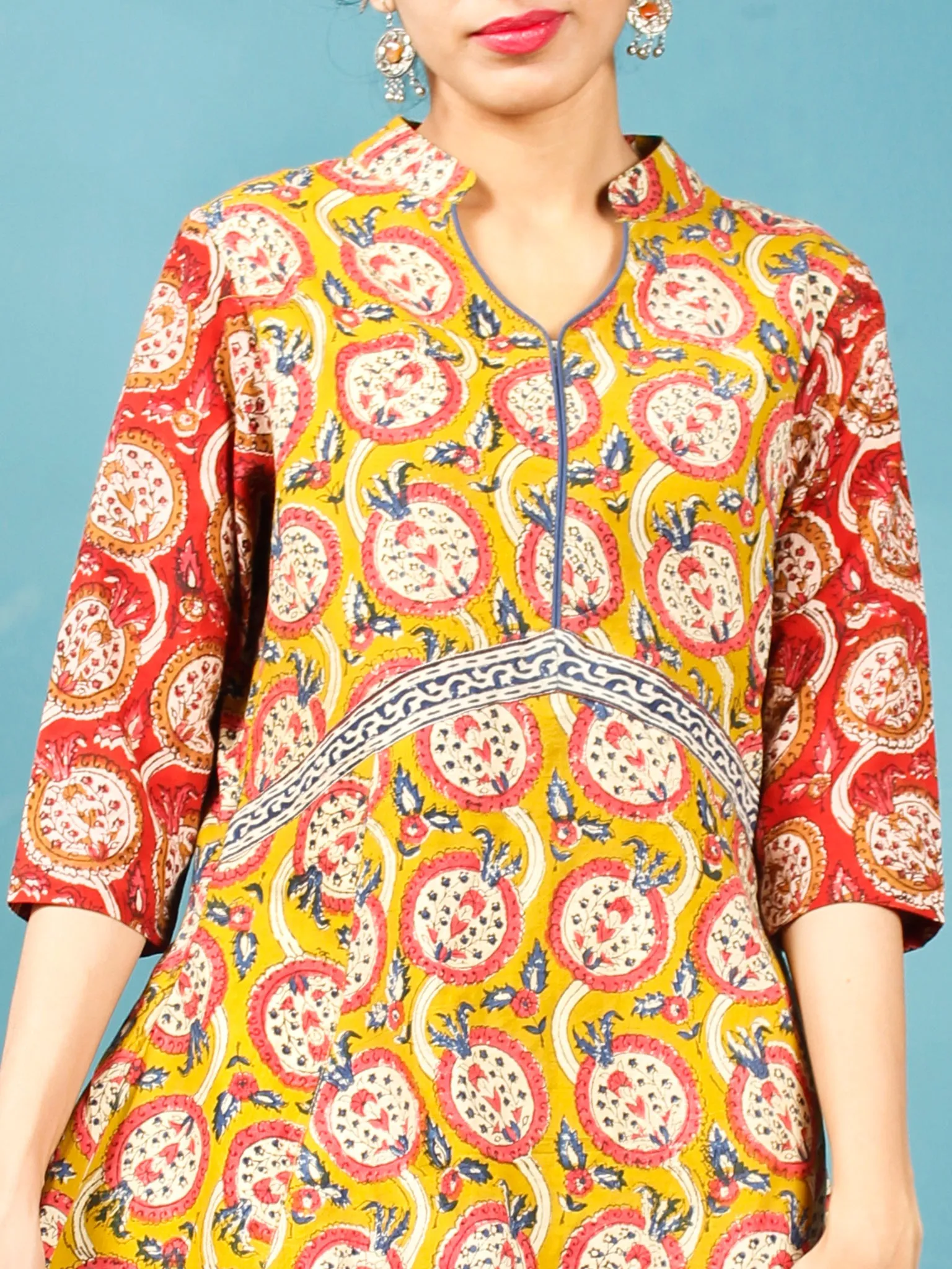 Mustard Coral Indigo Ivory Hand Block Printed Cotton Midi Dress - D243F1375