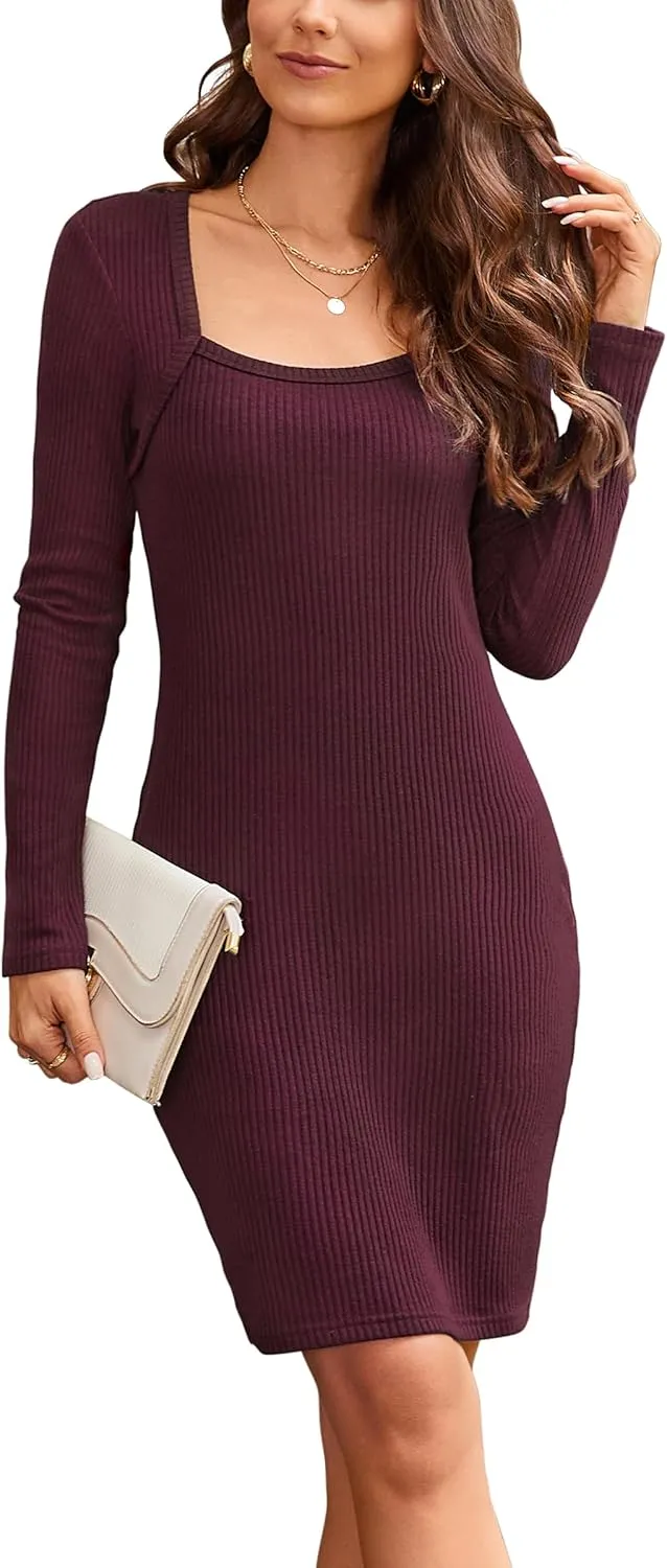 Newshows Womens 2024 Fall Dresses Long Sleeve Square Neck Rib Knit Winter Sweater Dress Bodycon Business Casual Outfits