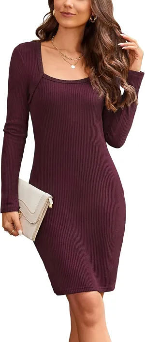 Newshows Womens 2024 Fall Dresses Long Sleeve Square Neck Rib Knit Winter Sweater Dress Bodycon Business Casual Outfits