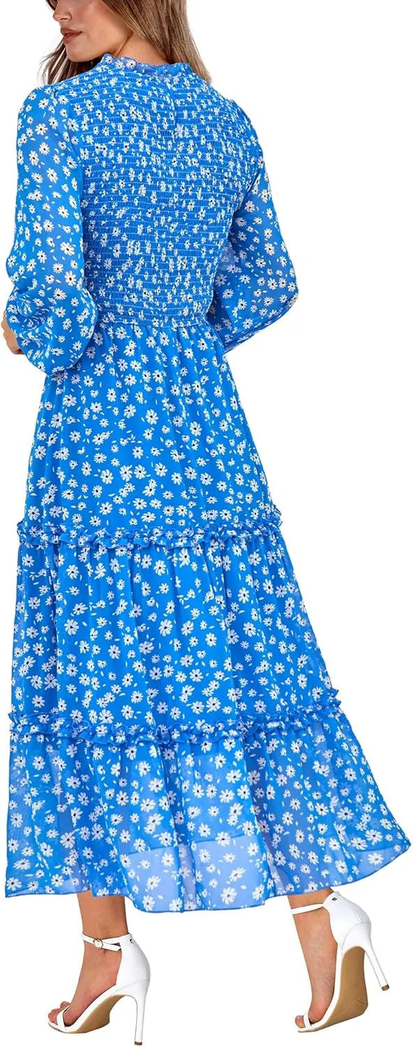 NOLLSOM Women 2025 Spring Dress Floral Boho Dress Casual Long Sleeve Crew Neck Ruffle A-Line Flowy Wedding Guest Maxi Dresses