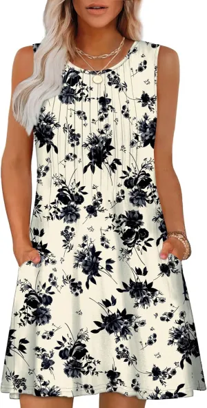OFEEFAN Summer Dresses for Women 2025 Loose Beach Vacation Casual Crew Neck Sleeveless Sundresses with Pockets Tank Dress