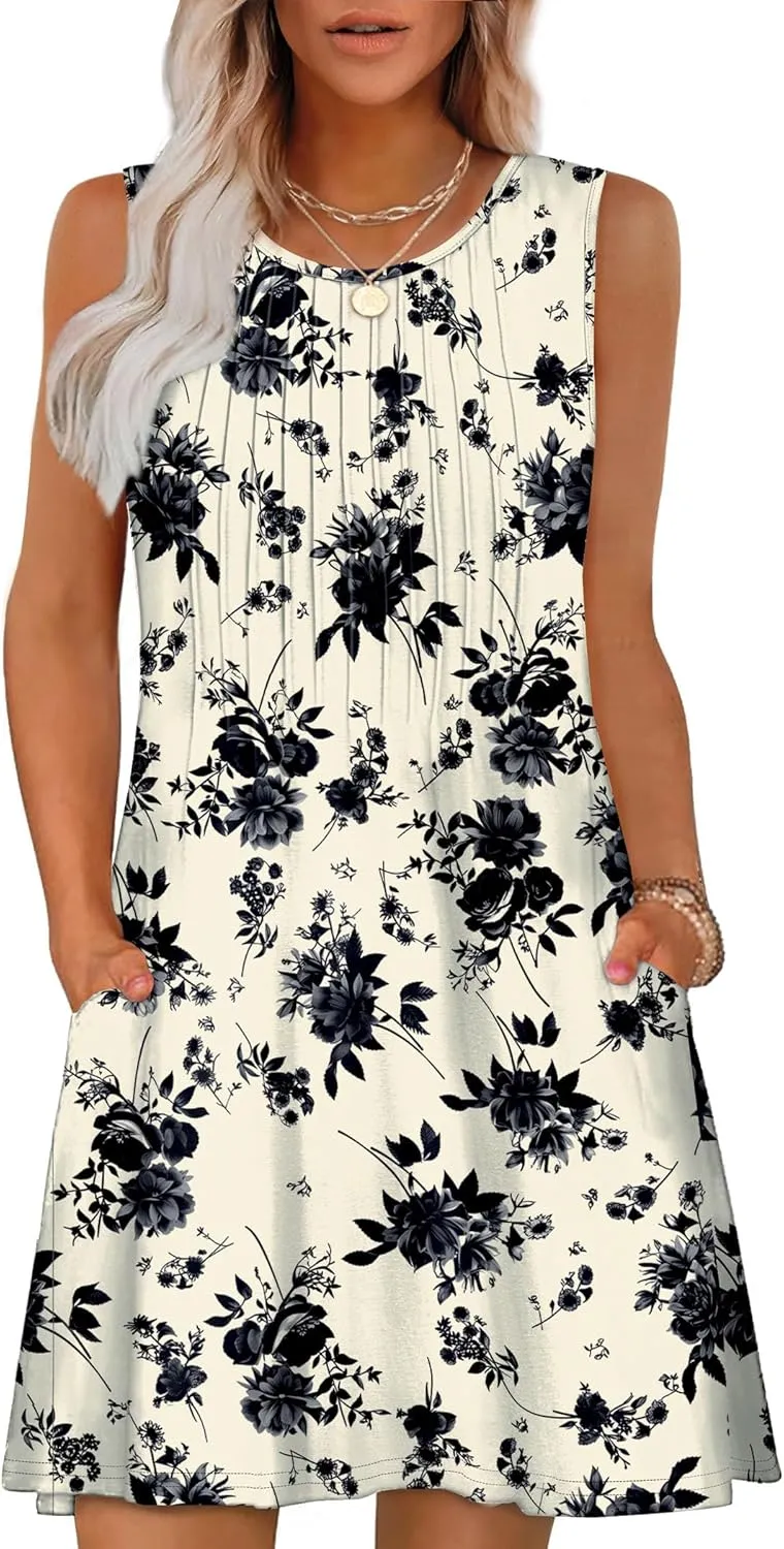 OFEEFAN Summer Dresses for Women 2025 Loose Beach Vacation Casual Crew Neck Sleeveless Sundresses with Pockets Tank Dress