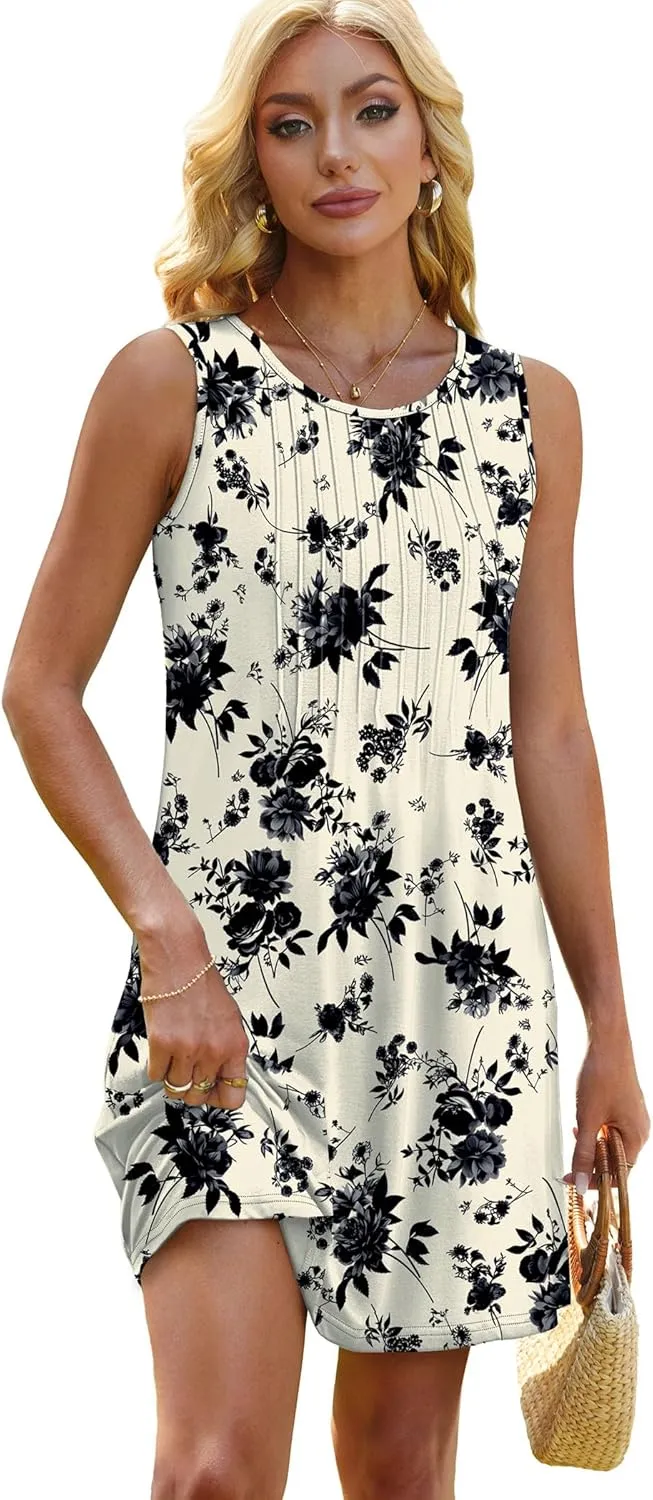 OFEEFAN Summer Dresses for Women 2025 Loose Beach Vacation Casual Crew Neck Sleeveless Sundresses with Pockets Tank Dress