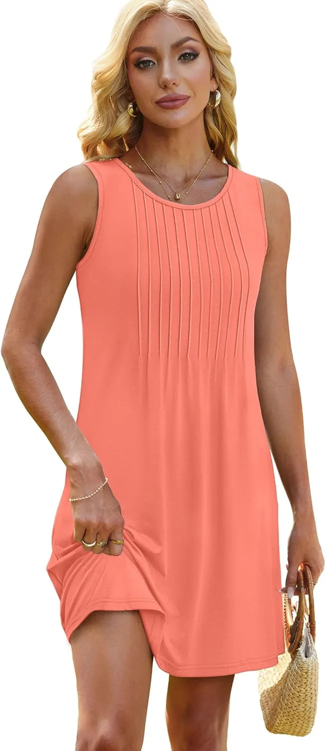OFEEFAN Summer Dresses for Women 2025 Loose Beach Vacation Casual Crew Neck Sleeveless Sundresses with Pockets Tank Dress