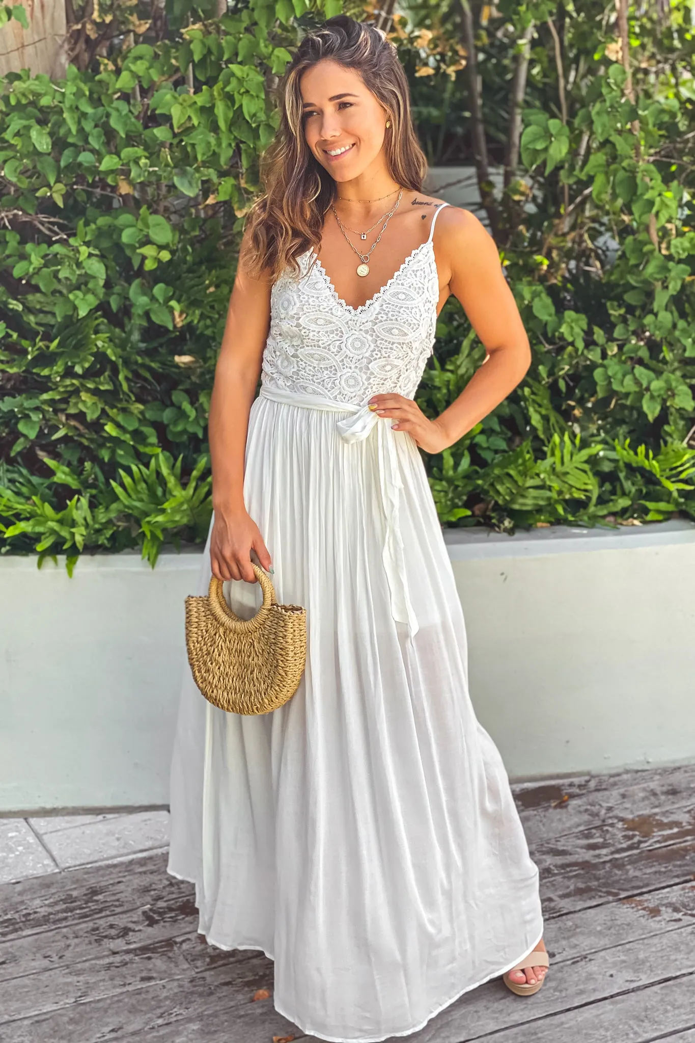 Off White Maxi Dress With Crochet Top And Belt
