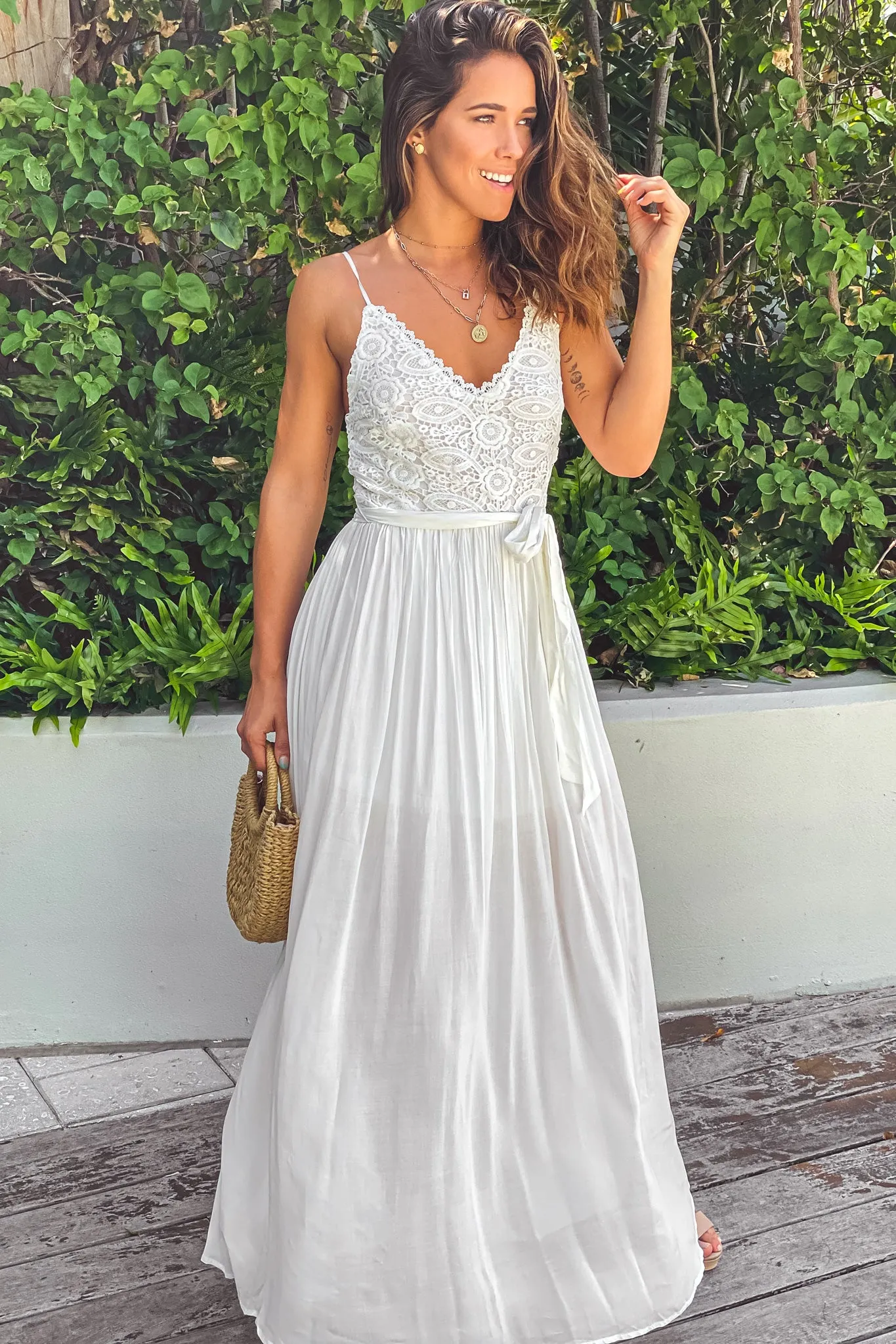 Off White Maxi Dress With Crochet Top And Belt