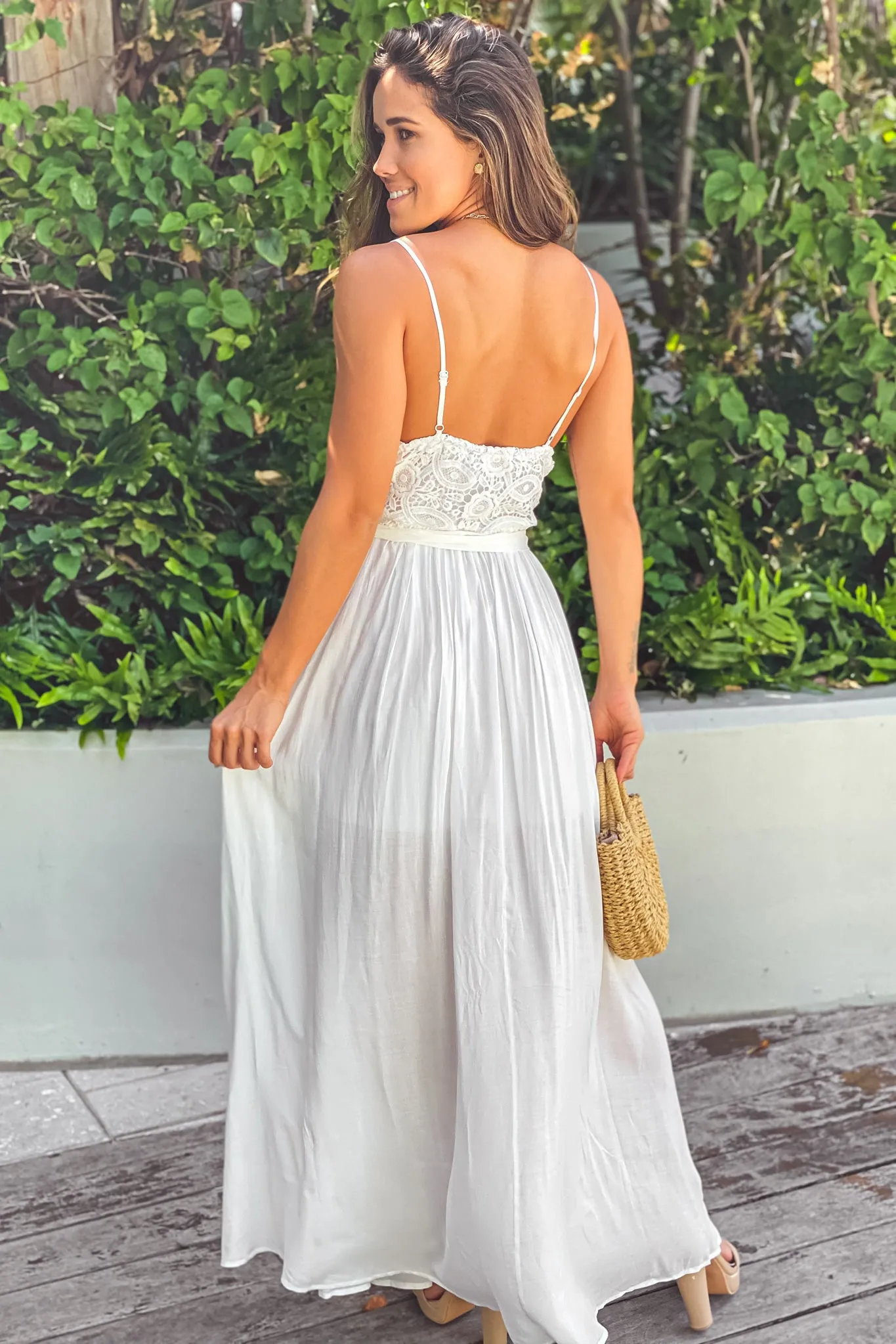 Off White Maxi Dress With Crochet Top And Belt