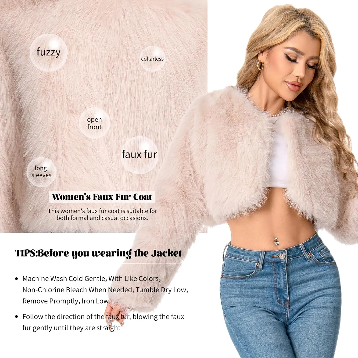 Petite Cropped Fur Coat for Women, Faux Furry Long Sleeve Fluffy Jacket Open Front Winter Shaggy Warm Outwear.