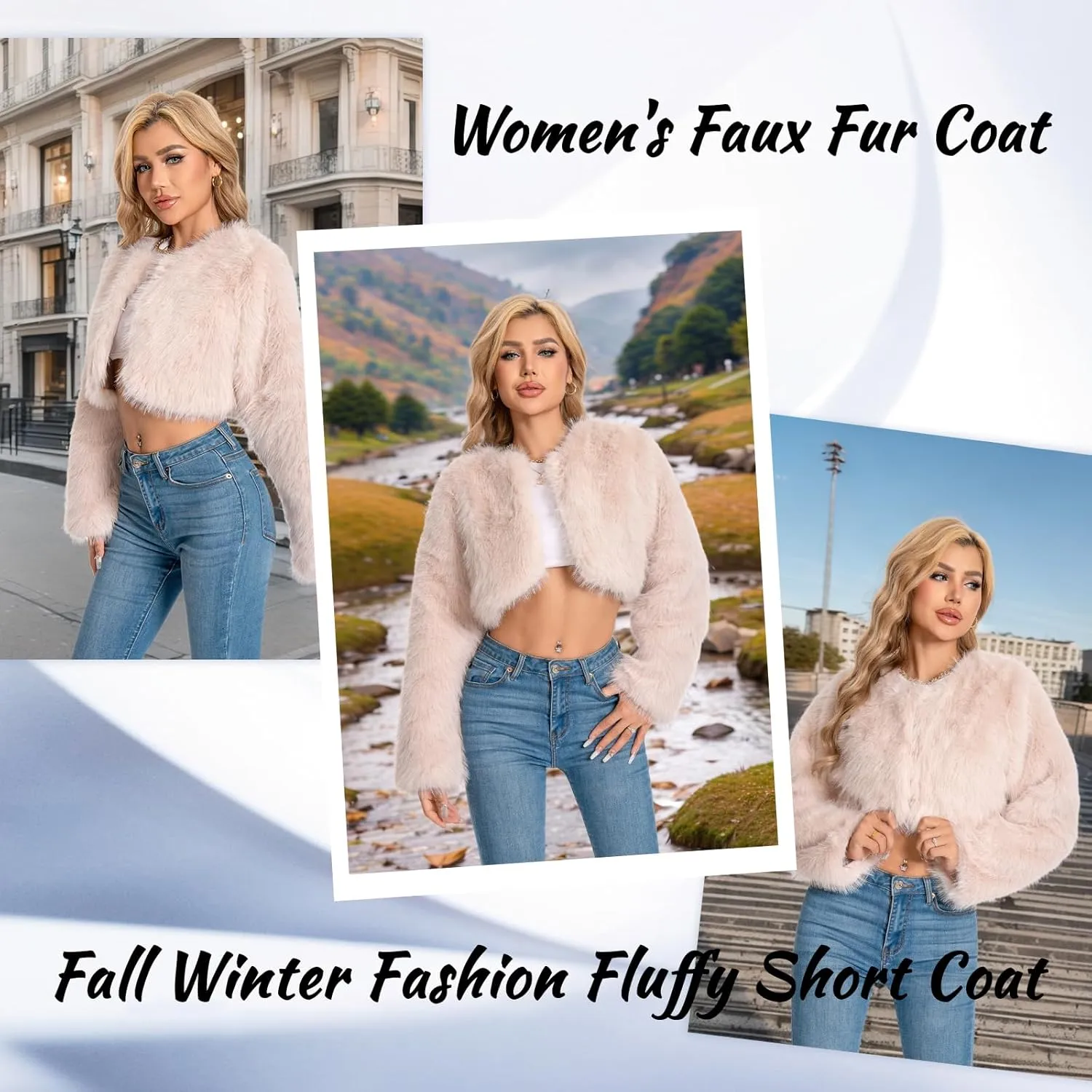 Petite Cropped Fur Coat for Women, Faux Furry Long Sleeve Fluffy Jacket Open Front Winter Shaggy Warm Outwear.