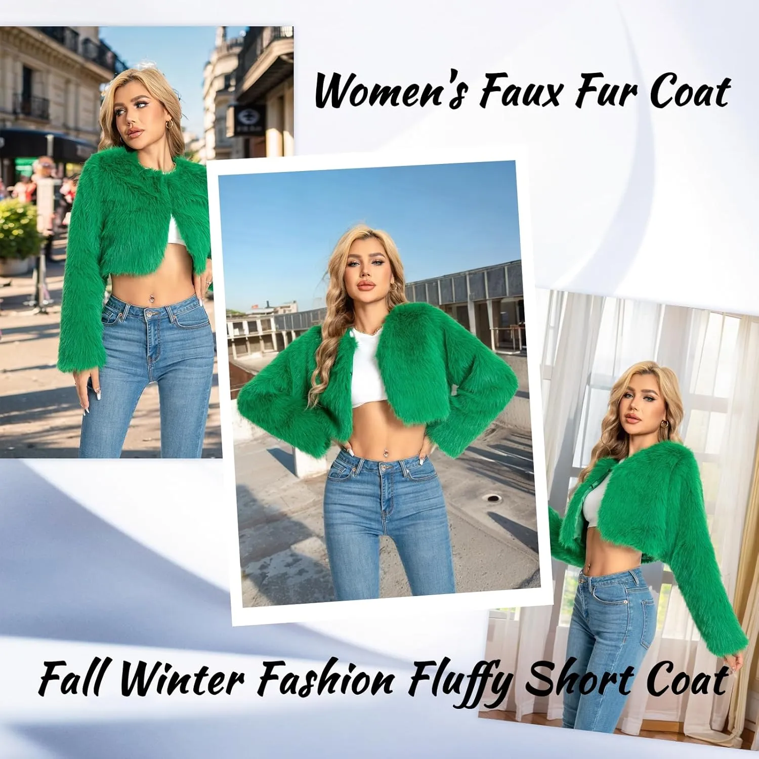 Petite Cropped Fur Coat for Women, Faux Furry Long Sleeve Fluffy Jacket Open Front Winter Shaggy Warm Outwear.