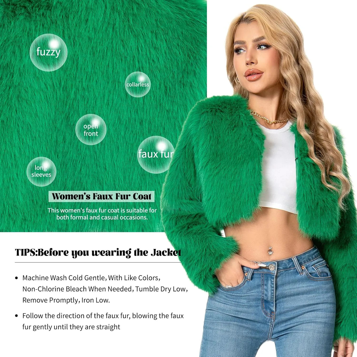 Petite Cropped Fur Coat for Women, Faux Furry Long Sleeve Fluffy Jacket Open Front Winter Shaggy Warm Outwear.