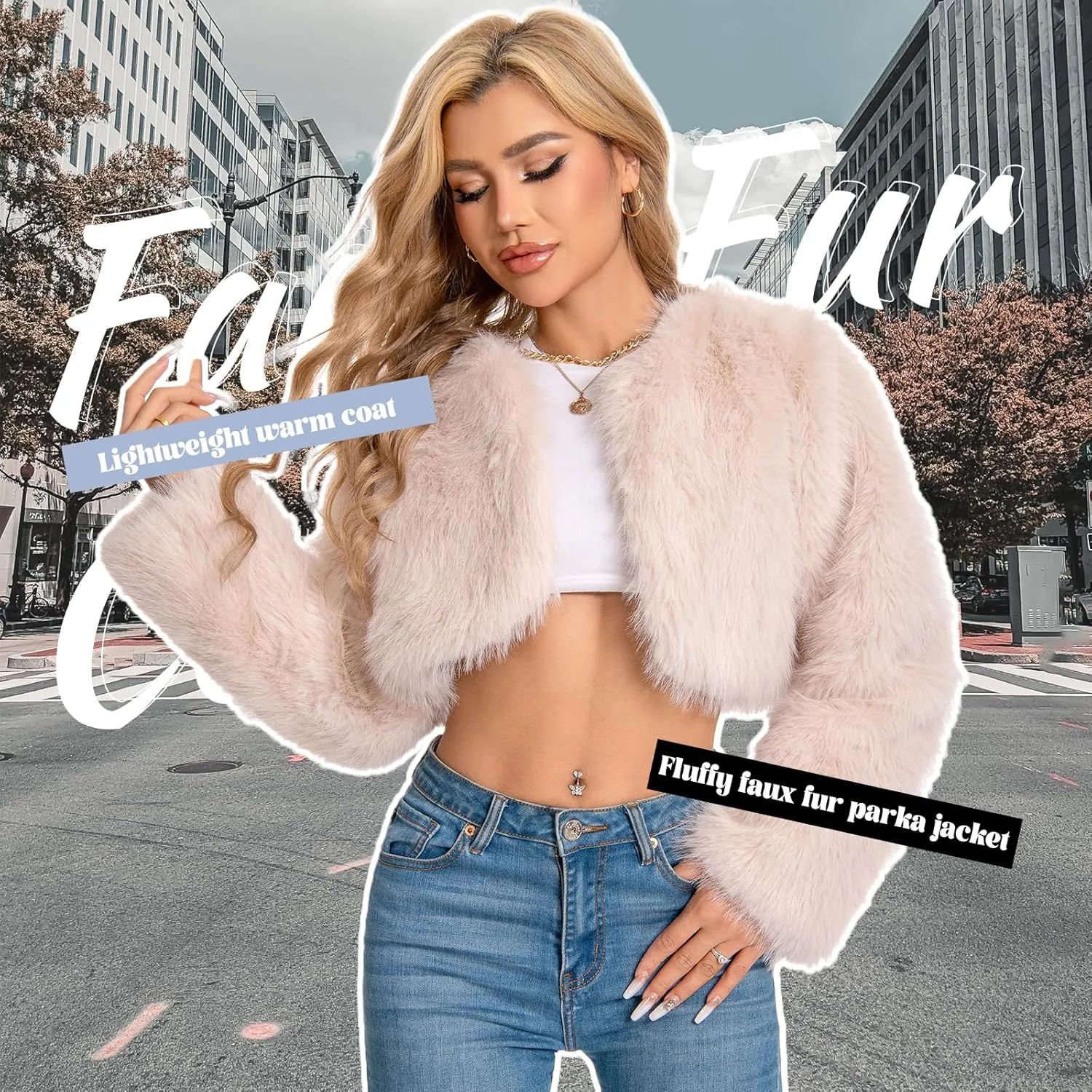 Petite Cropped Fur Coat for Women, Faux Furry Long Sleeve Fluffy Jacket Open Front Winter Shaggy Warm Outwear.