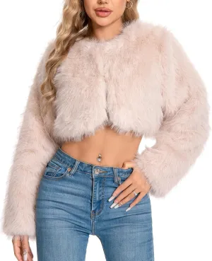 Petite Cropped Fur Coat for Women, Faux Furry Long Sleeve Fluffy Jacket Open Front Winter Shaggy Warm Outwear.