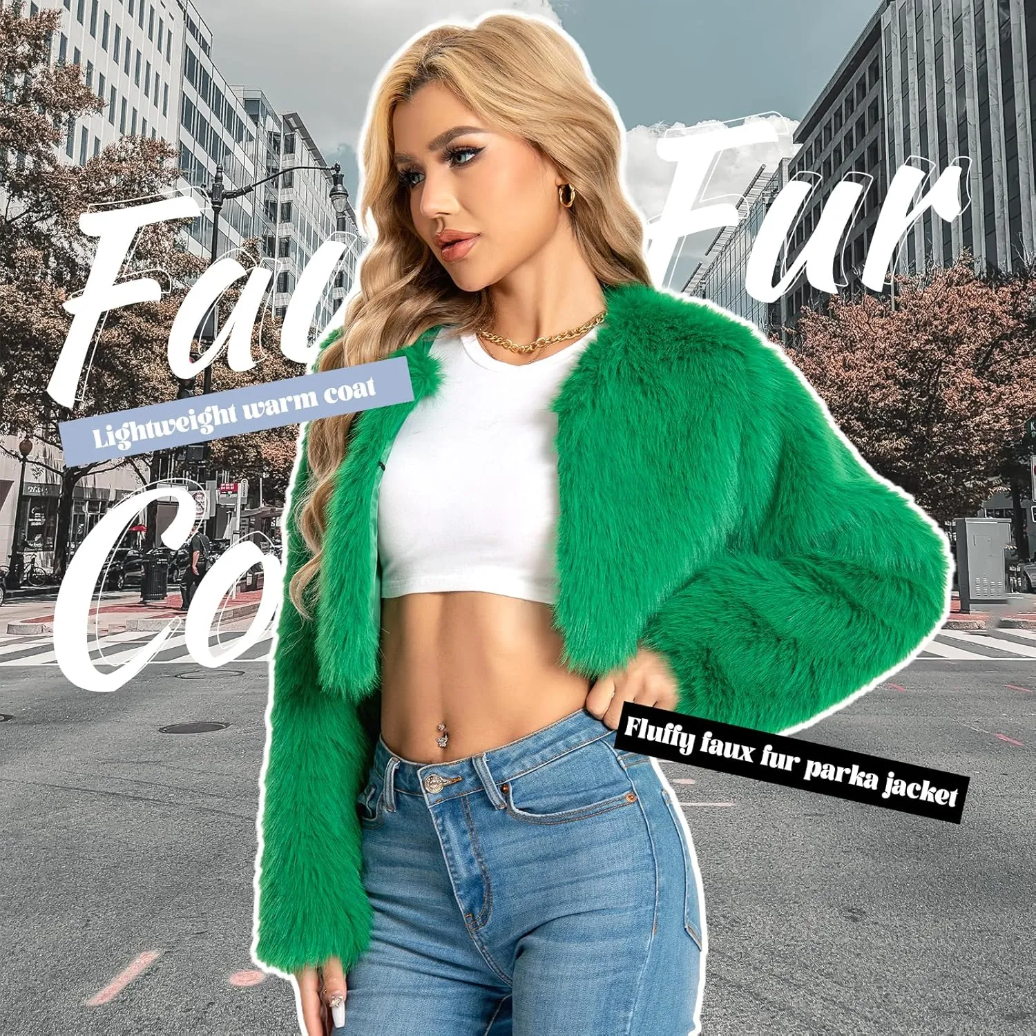 Petite Cropped Fur Coat for Women, Faux Furry Long Sleeve Fluffy Jacket Open Front Winter Shaggy Warm Outwear.