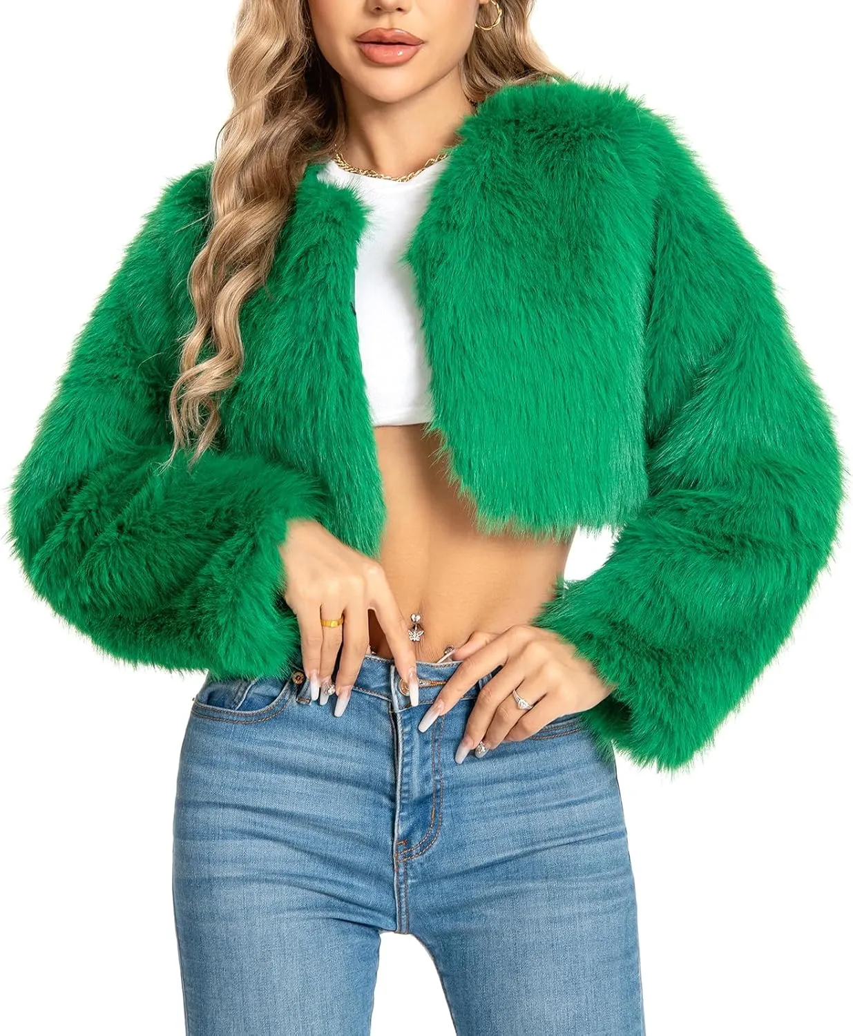 Petite Cropped Fur Coat for Women, Faux Furry Long Sleeve Fluffy Jacket Open Front Winter Shaggy Warm Outwear.