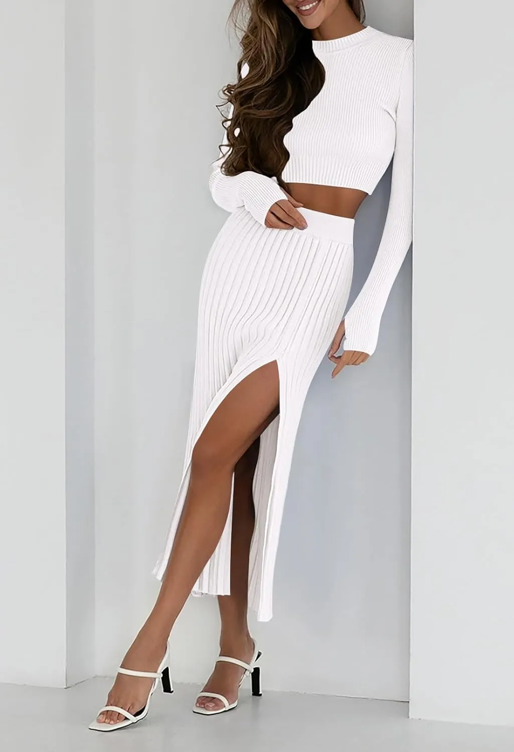Pink Queen Women's 2 Piece Sweater Outfits Set Long Sleeve Crop Top Ribbed Split Bodycon Midi Long Skirt Knit Dresses
