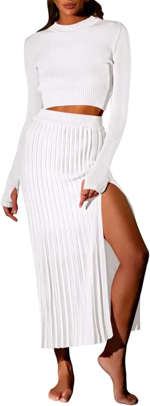 Pink Queen Women's 2 Piece Sweater Outfits Set Long Sleeve Crop Top Ribbed Split Bodycon Midi Long Skirt Knit Dresses
