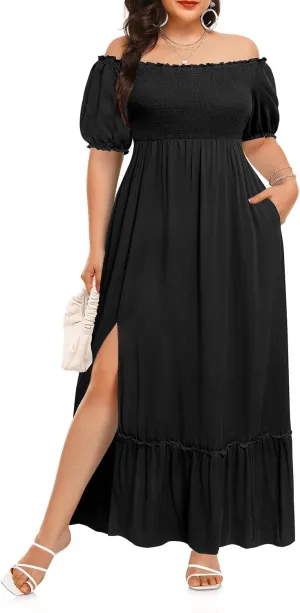 Plus Size Summer Dresses Maxi - Boho Casual Off Shoulder Floral Lace Long Dress with Pockets