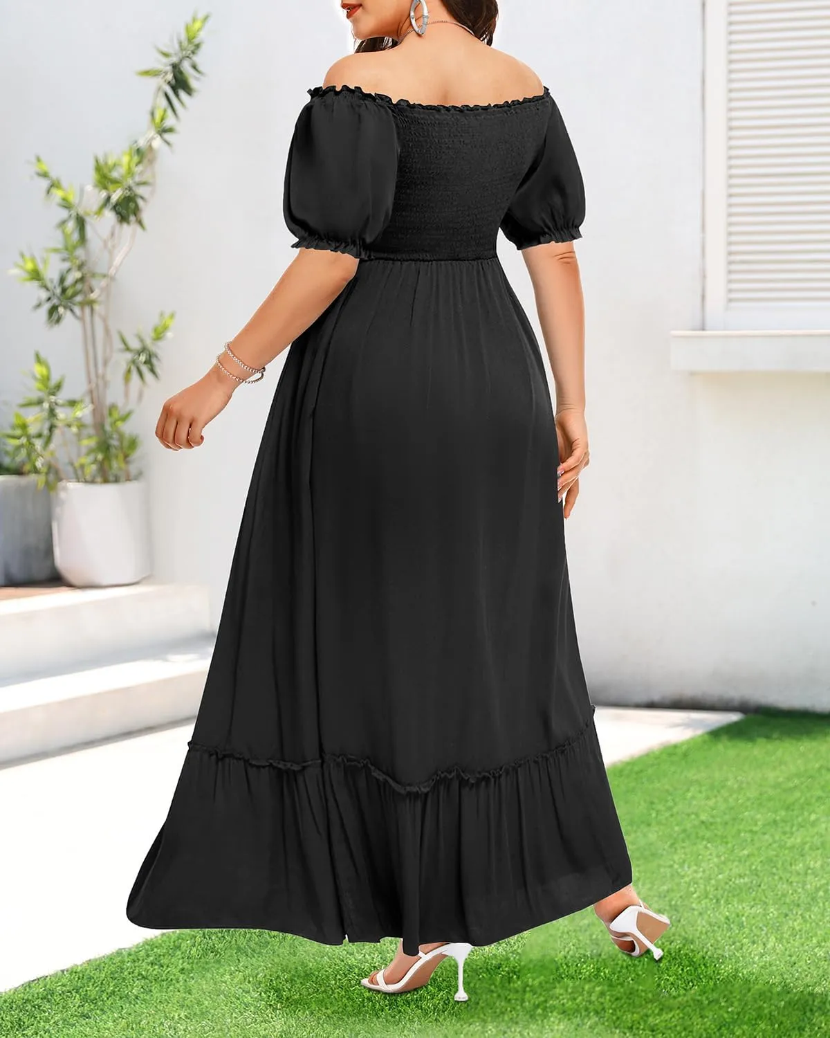 Plus Size Summer Dresses Maxi - Boho Casual Off Shoulder Floral Lace Long Dress with Pockets