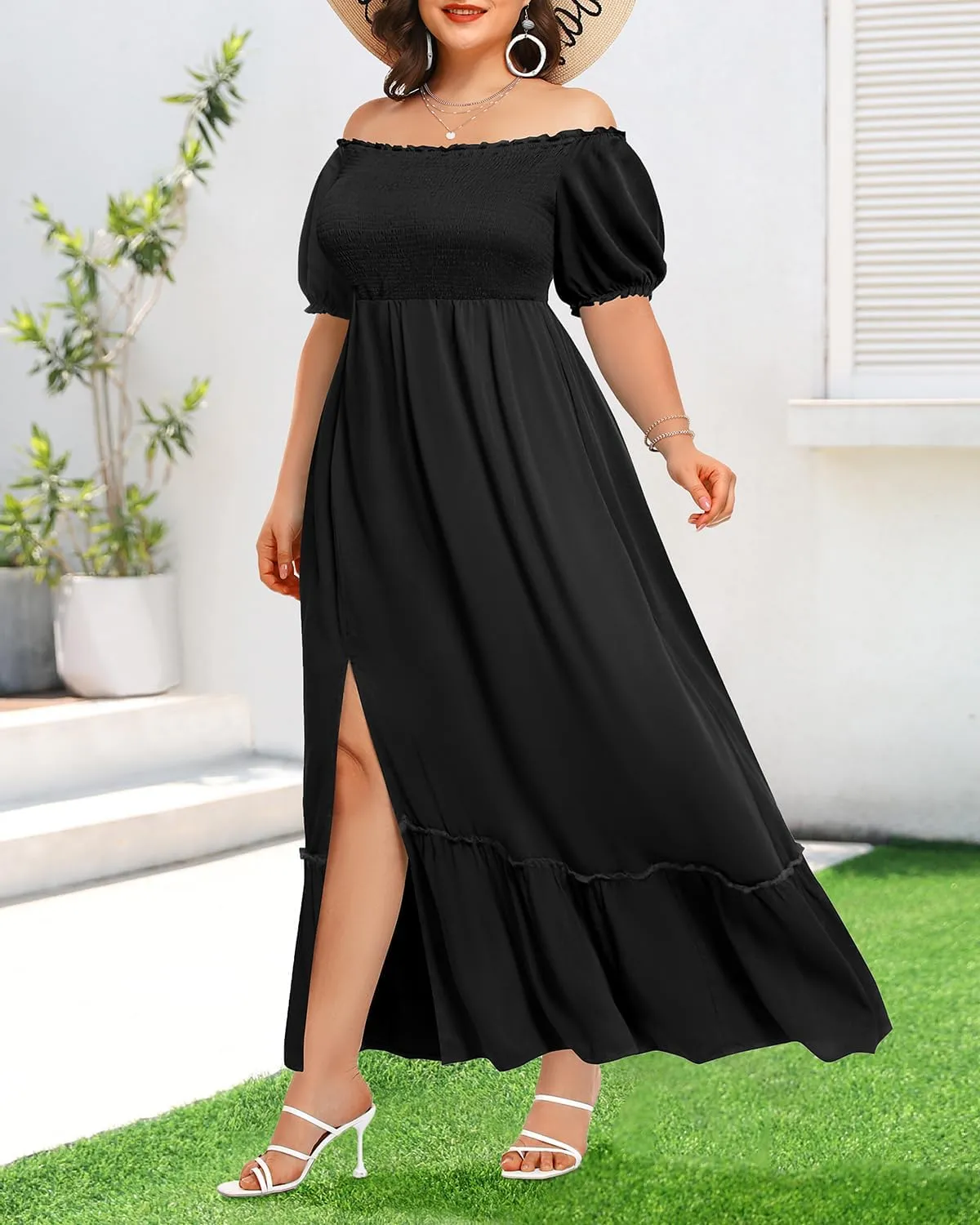 Plus Size Summer Dresses Maxi - Boho Casual Off Shoulder Floral Lace Long Dress with Pockets