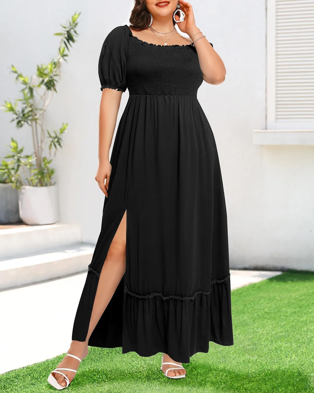 Plus Size Summer Dresses Maxi - Boho Casual Off Shoulder Floral Lace Long Dress with Pockets