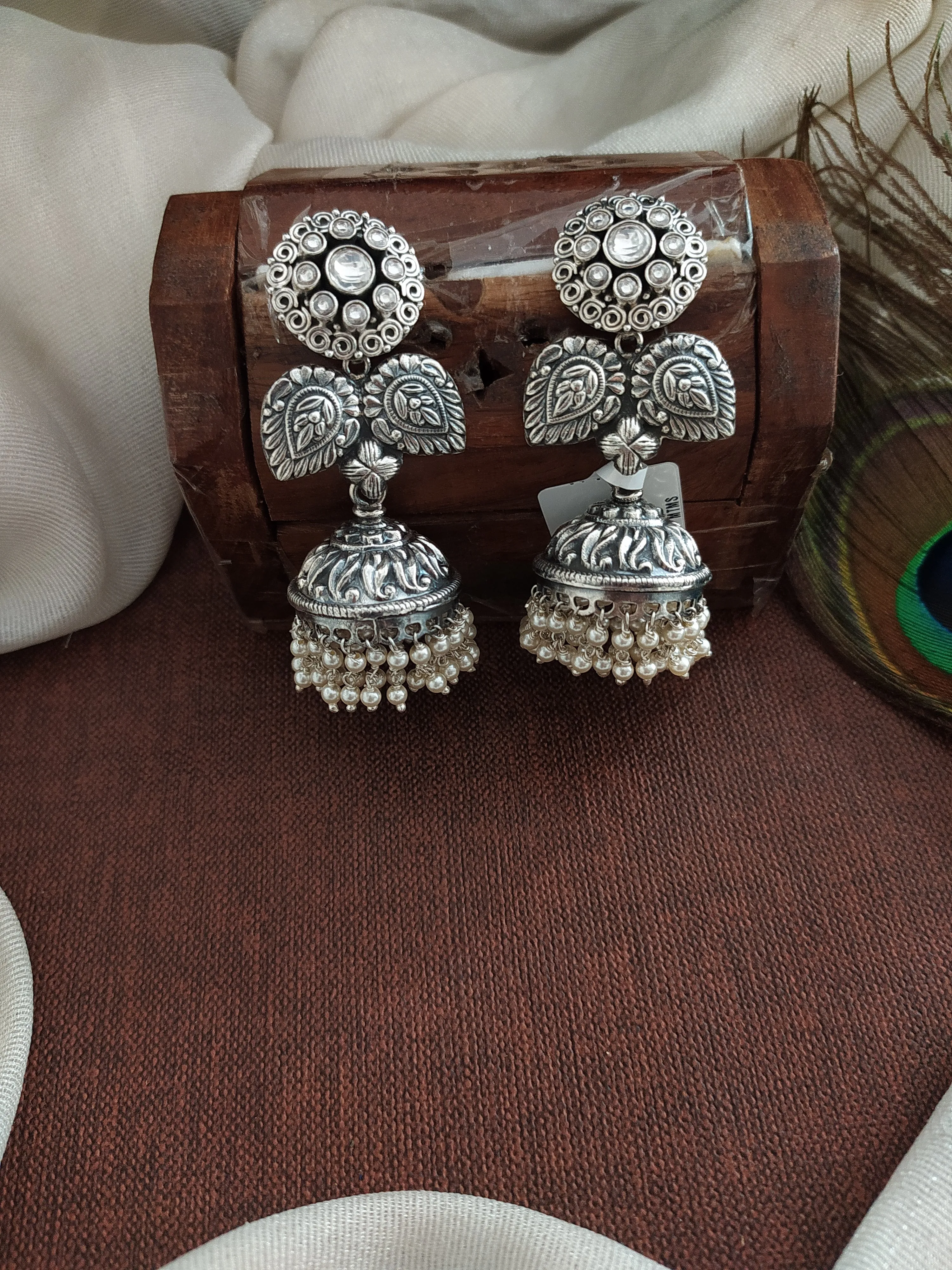 Pure Silver Oxidized Jhumki with Floral Design and Pearl Drops
