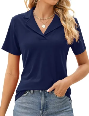 Rapbin Women's Polo Shirts Lapel Collar V Neck Short Sleeve Blouse Dressy Casual Tunic Tops
