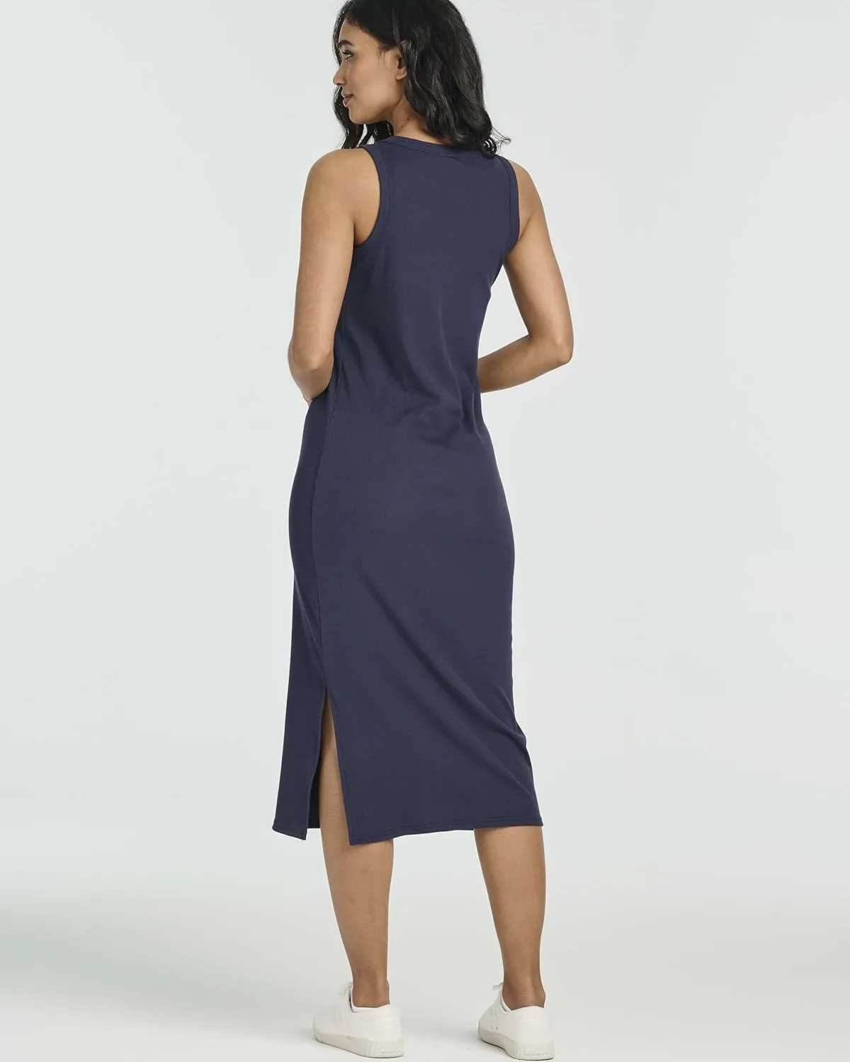 Real Essentials 3 Pack: Women's Ribbed Knit Sleeveless Crew Neck Tank Casual Midi Shift Dress with Slit