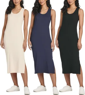 Real Essentials 3 Pack: Women's Ribbed Knit Sleeveless Crew Neck Tank Casual Midi Shift Dress with Slit