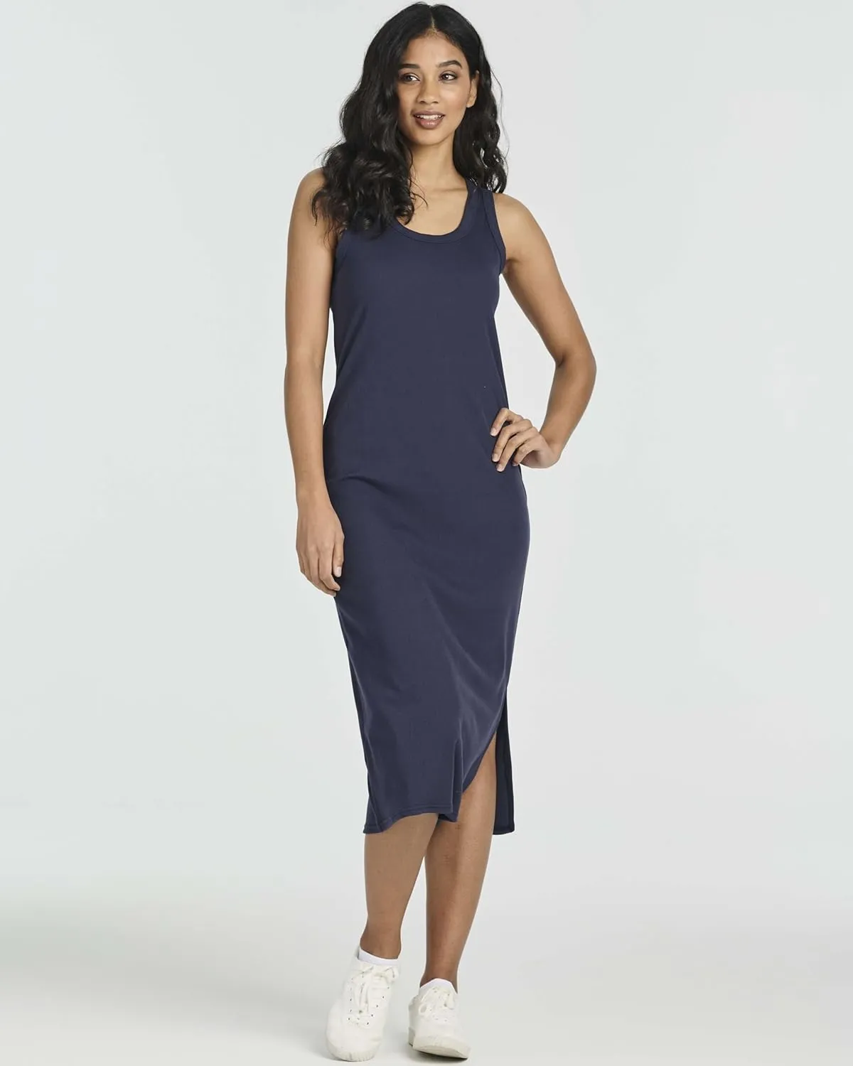 Real Essentials 3 Pack: Women's Ribbed Knit Sleeveless Crew Neck Tank Casual Midi Shift Dress with Slit