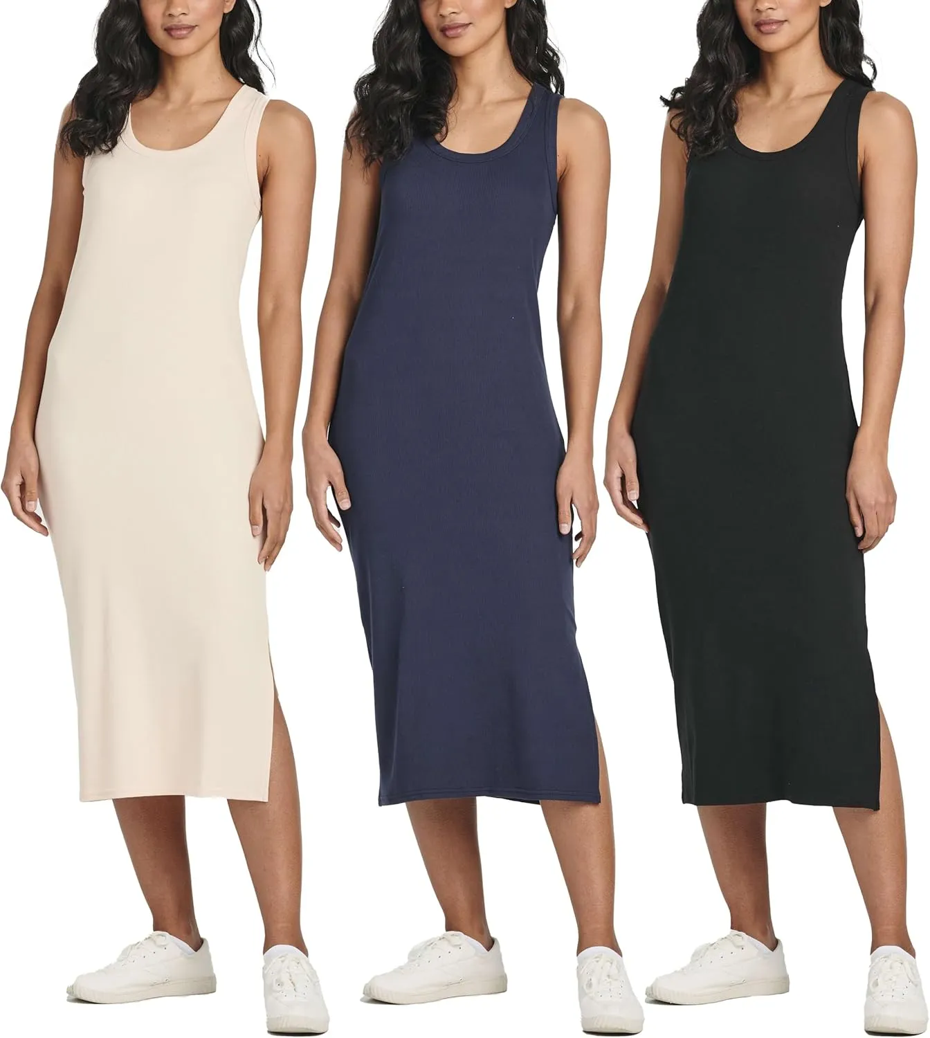 Real Essentials 3 Pack: Women's Ribbed Knit Sleeveless Crew Neck Tank Casual Midi Shift Dress with Slit