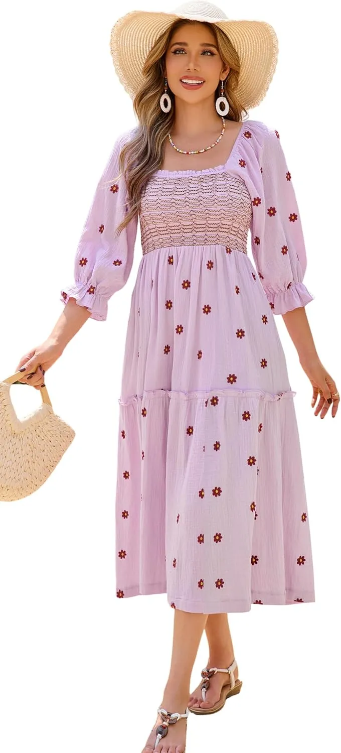 R.Vivimos Women's Long Sleeve Cotton Boho Midi Dress Vintage Square Neck Floral Embroidered Tiered Ruffle Flowy Pockets Dress