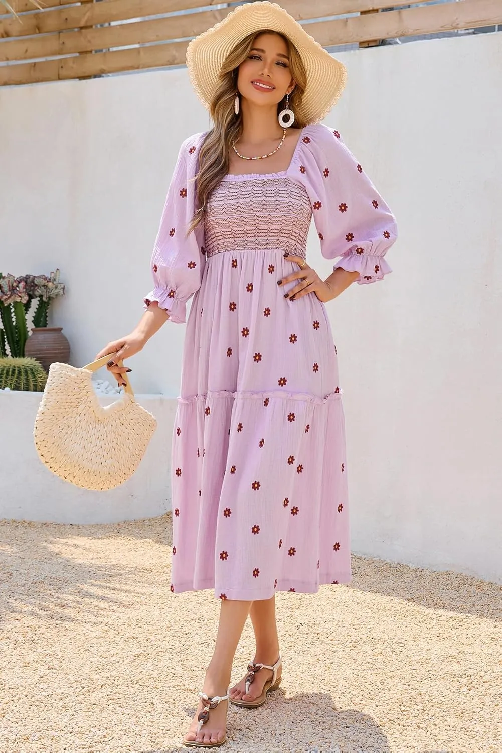 R.Vivimos Women's Long Sleeve Cotton Boho Midi Dress Vintage Square Neck Floral Embroidered Tiered Ruffle Flowy Pockets Dress