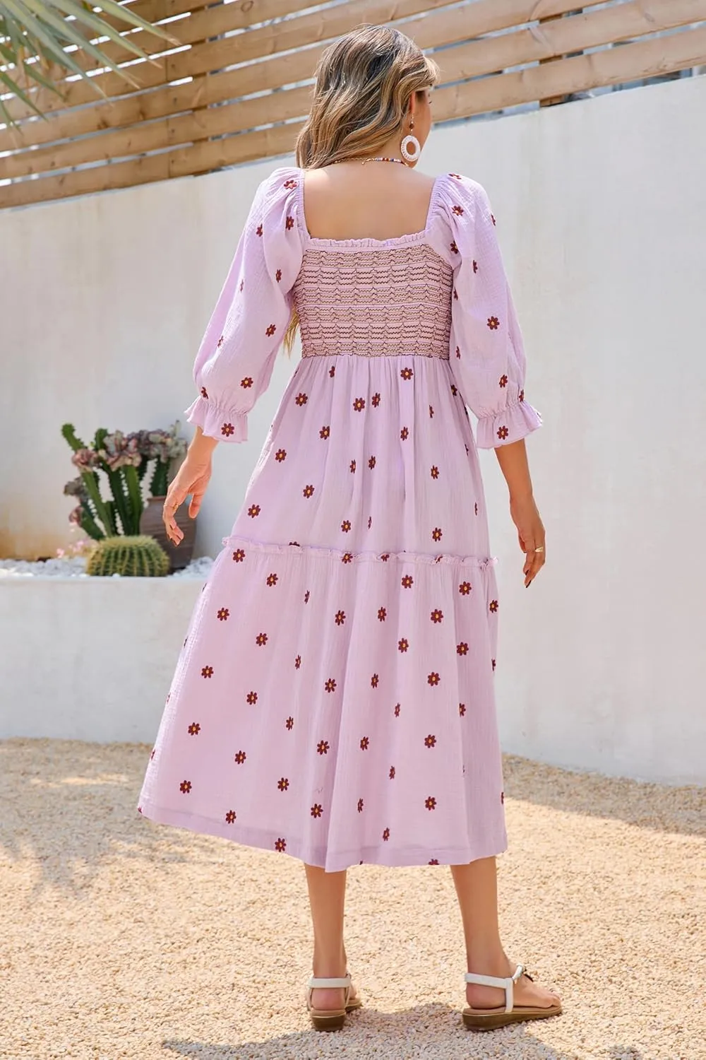 R.Vivimos Women's Long Sleeve Cotton Boho Midi Dress Vintage Square Neck Floral Embroidered Tiered Ruffle Flowy Pockets Dress