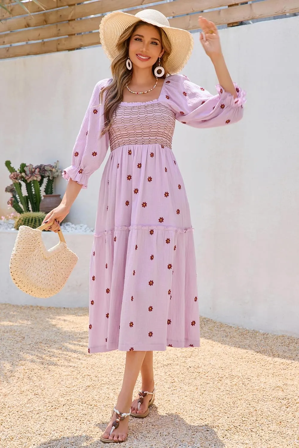 R.Vivimos Women's Long Sleeve Cotton Boho Midi Dress Vintage Square Neck Floral Embroidered Tiered Ruffle Flowy Pockets Dress