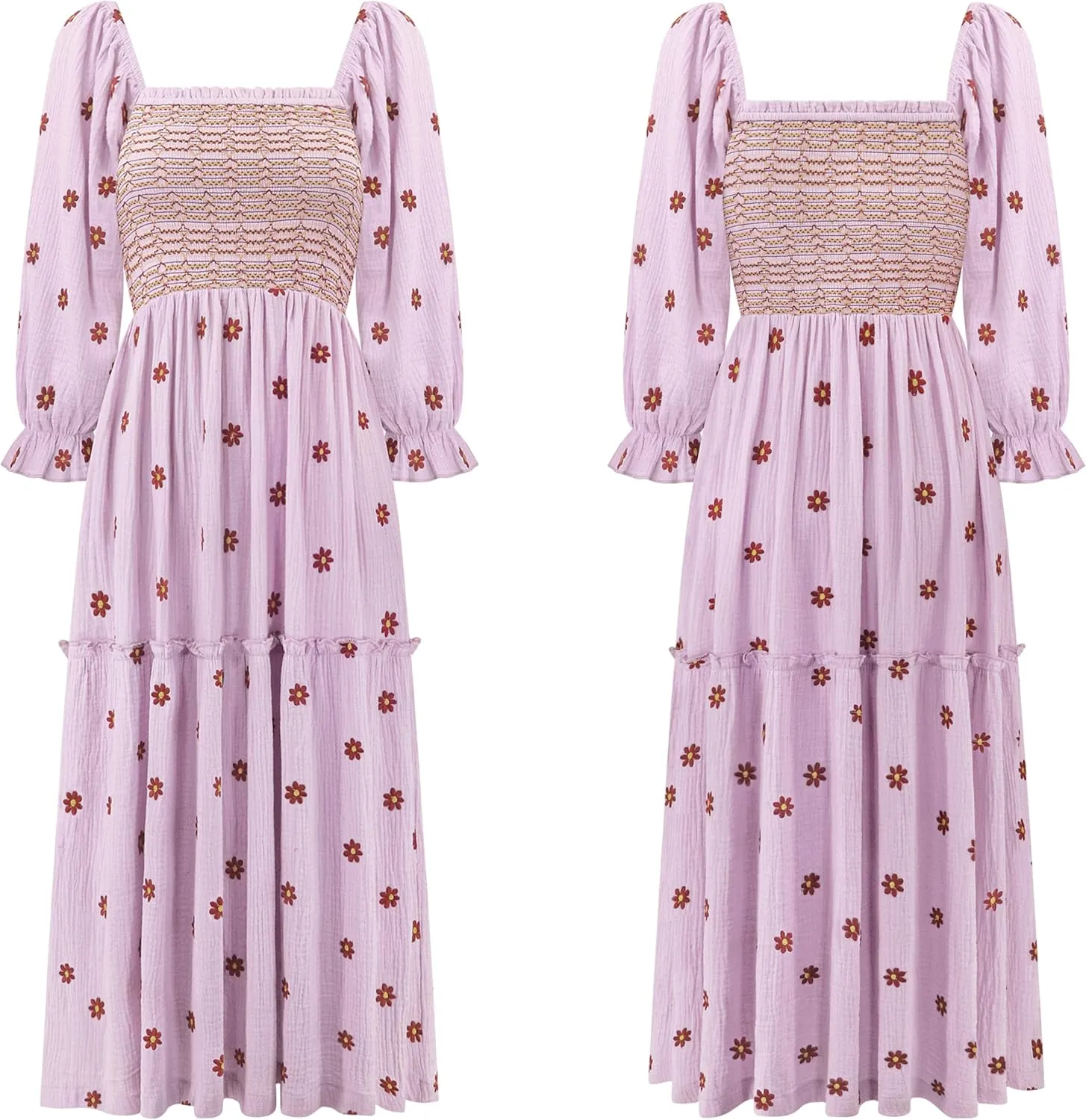 R.Vivimos Women's Long Sleeve Cotton Boho Midi Dress Vintage Square Neck Floral Embroidered Tiered Ruffle Flowy Pockets Dress