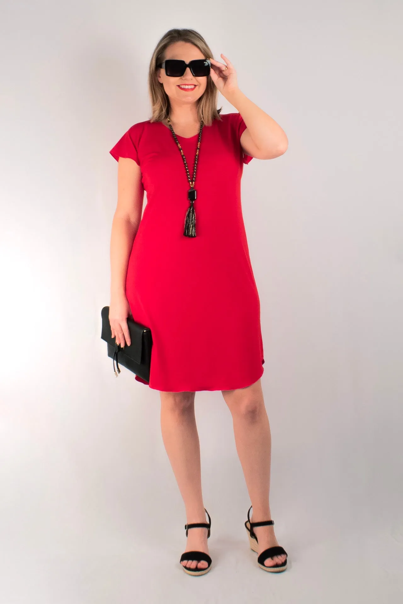 Sassy Red Short Sleeve Jersey Shift Dress