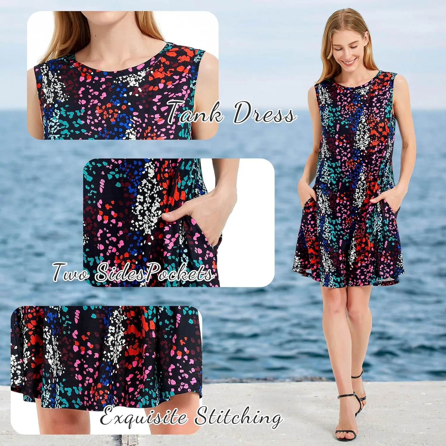 Scotamalone Summer Dresses for Women 2023 Beach Floral Tshirt Sundress Sleeveless Pockets Casual Loose Tank Dress