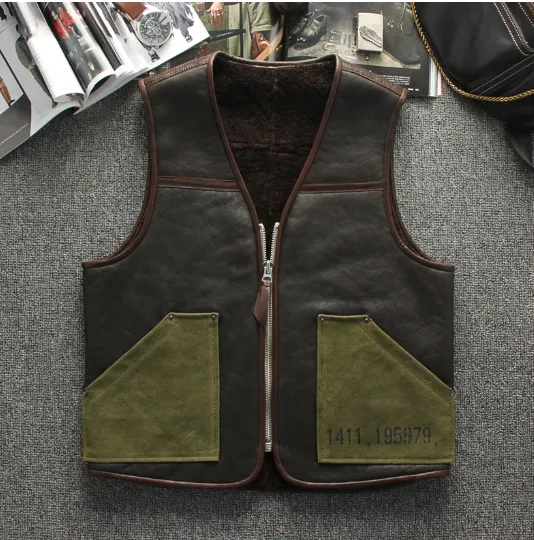 Sheepskin Genuine Leather Men's Vest: B3 Style with Wool Lining