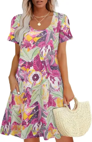 Sherosa Women's Summer Dresses 2025 Beach Boho Sundress Short Sleeve Loose Casual Tshirt Dress with Pockets