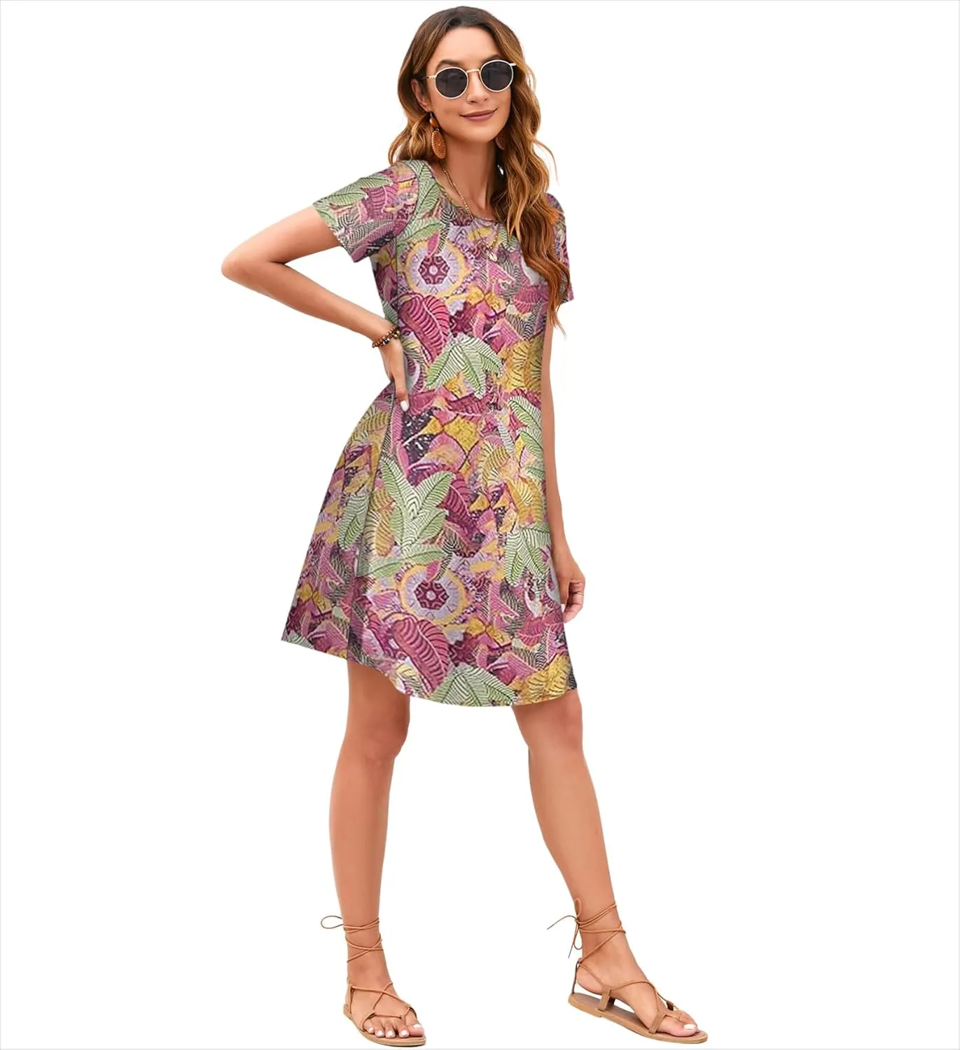 Sherosa Women's Summer Dresses 2025 Beach Boho Sundress Short Sleeve Loose Casual Tshirt Dress with Pockets