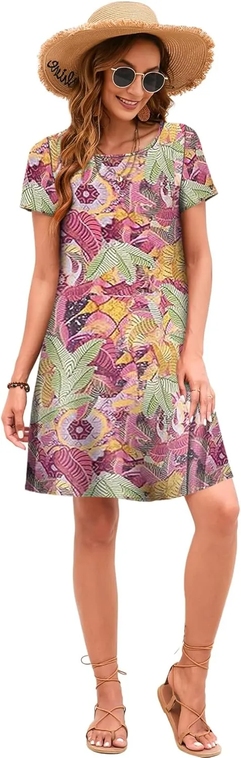 Sherosa Women's Summer Dresses 2025 Beach Boho Sundress Short Sleeve Loose Casual Tshirt Dress with Pockets
