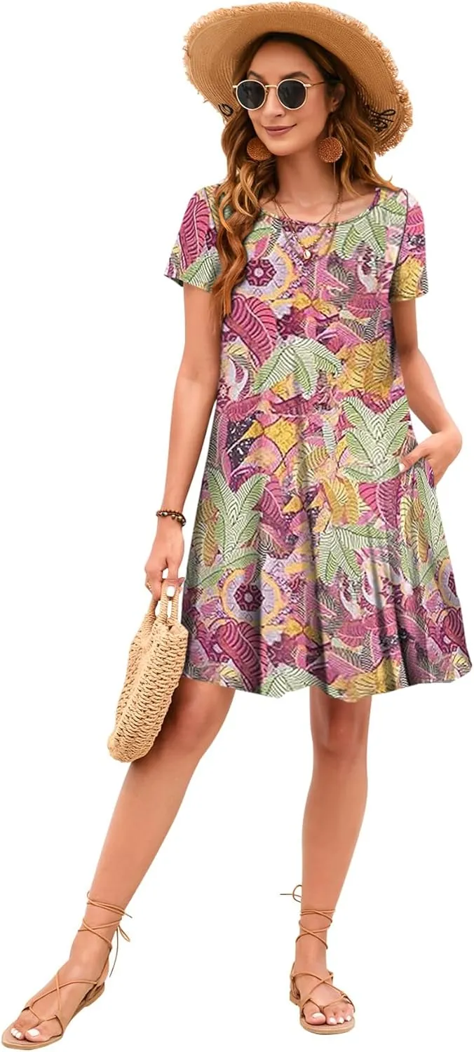 Sherosa Women's Summer Dresses 2025 Beach Boho Sundress Short Sleeve Loose Casual Tshirt Dress with Pockets