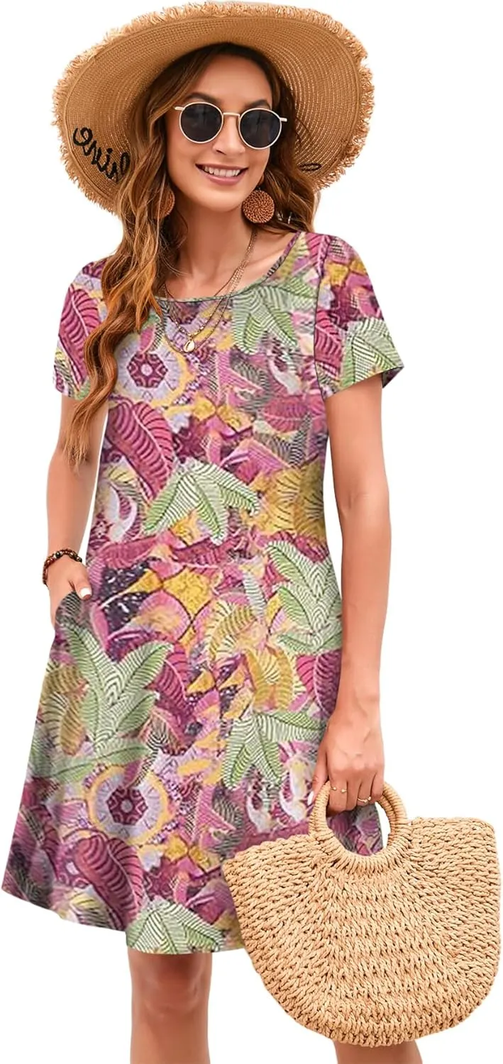 Sherosa Women's Summer Dresses 2025 Beach Boho Sundress Short Sleeve Loose Casual Tshirt Dress with Pockets
