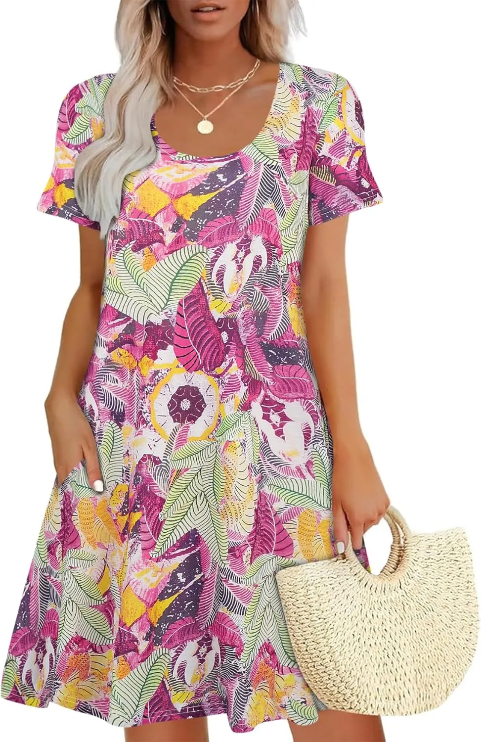 Sherosa Women's Summer Dresses 2025 Beach Boho Sundress Short Sleeve Loose Casual Tshirt Dress with Pockets