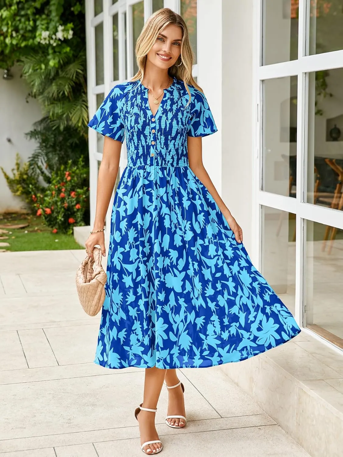 Simplee Floral Smocked Midi Dress V Neck Short Sleeve Empire Waist A Line Boho Beach Dress