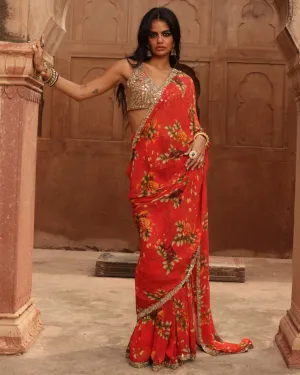 Sindoori Pine Print Hand Embroidered Sari Set